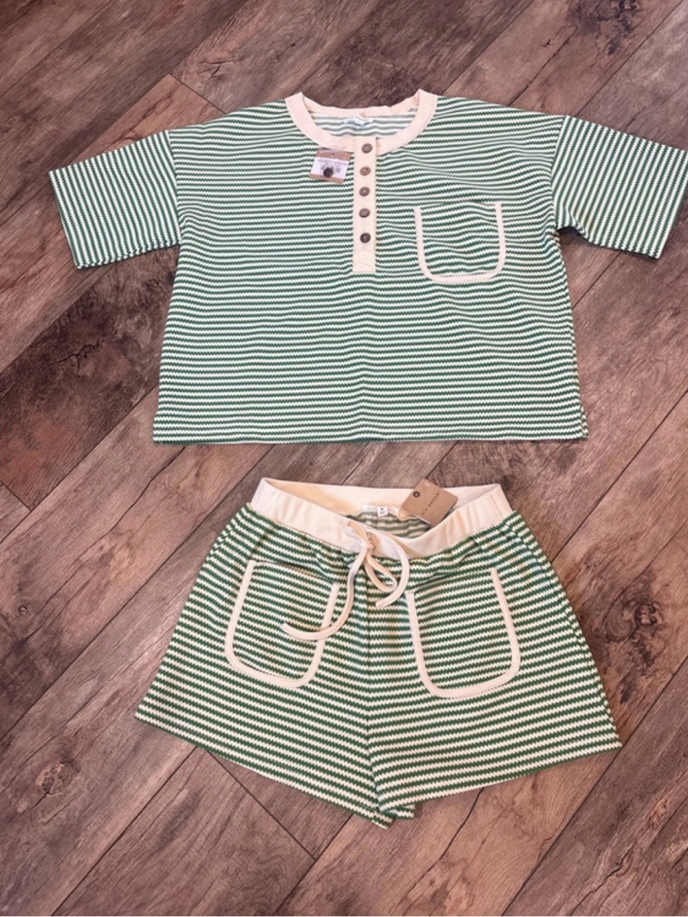 Women’s Green Striped Set with Cream Trim. Top is a large bottoms are medium